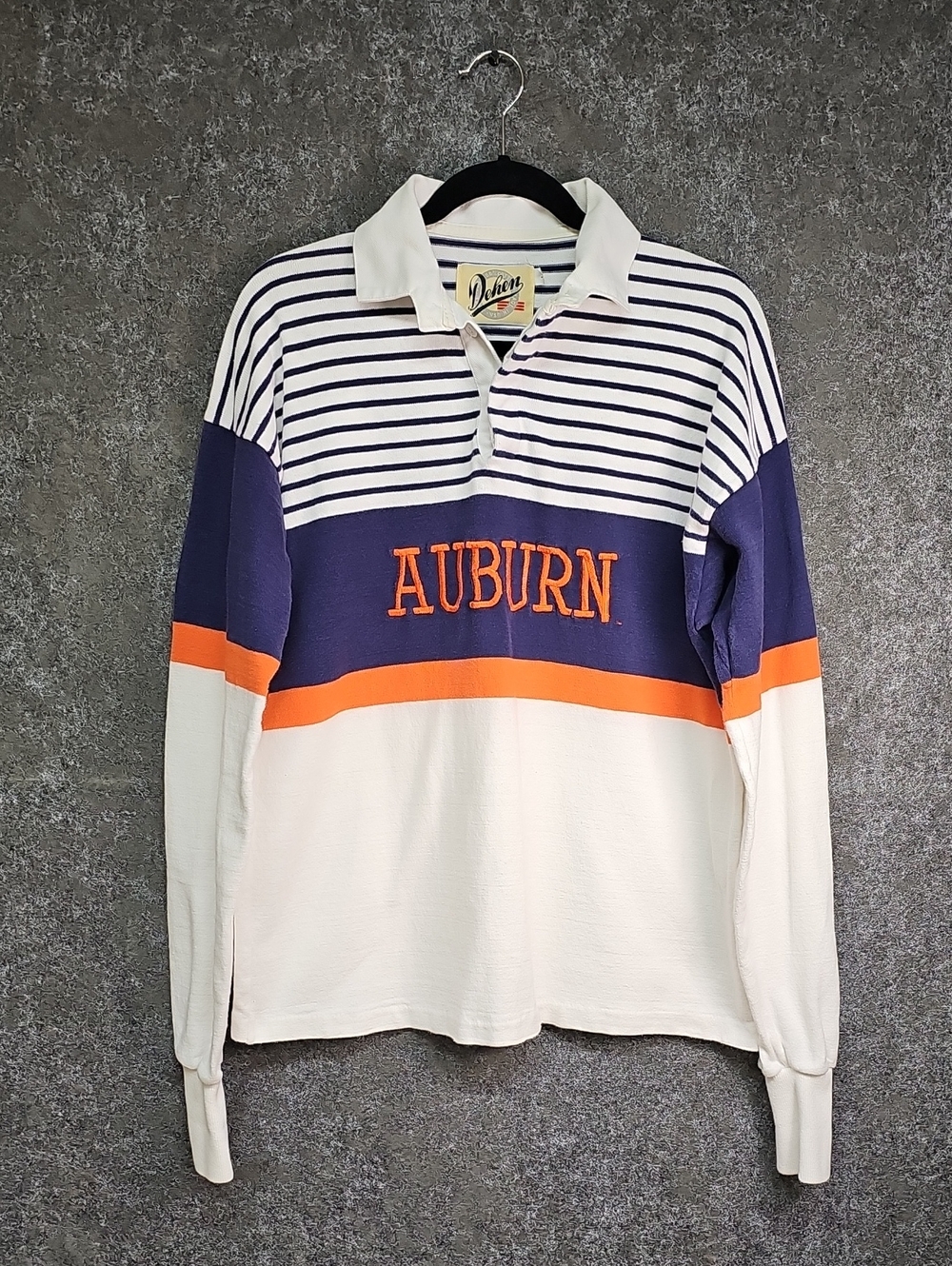 Dehen Vtg Embroidered Auburn Rubgy Shirt, Cotton, Blue Orange White, Size Large